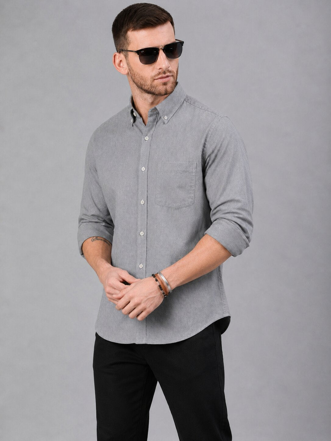 Men’s Grey Solid Full Sleeve Button Down Casual Shirt