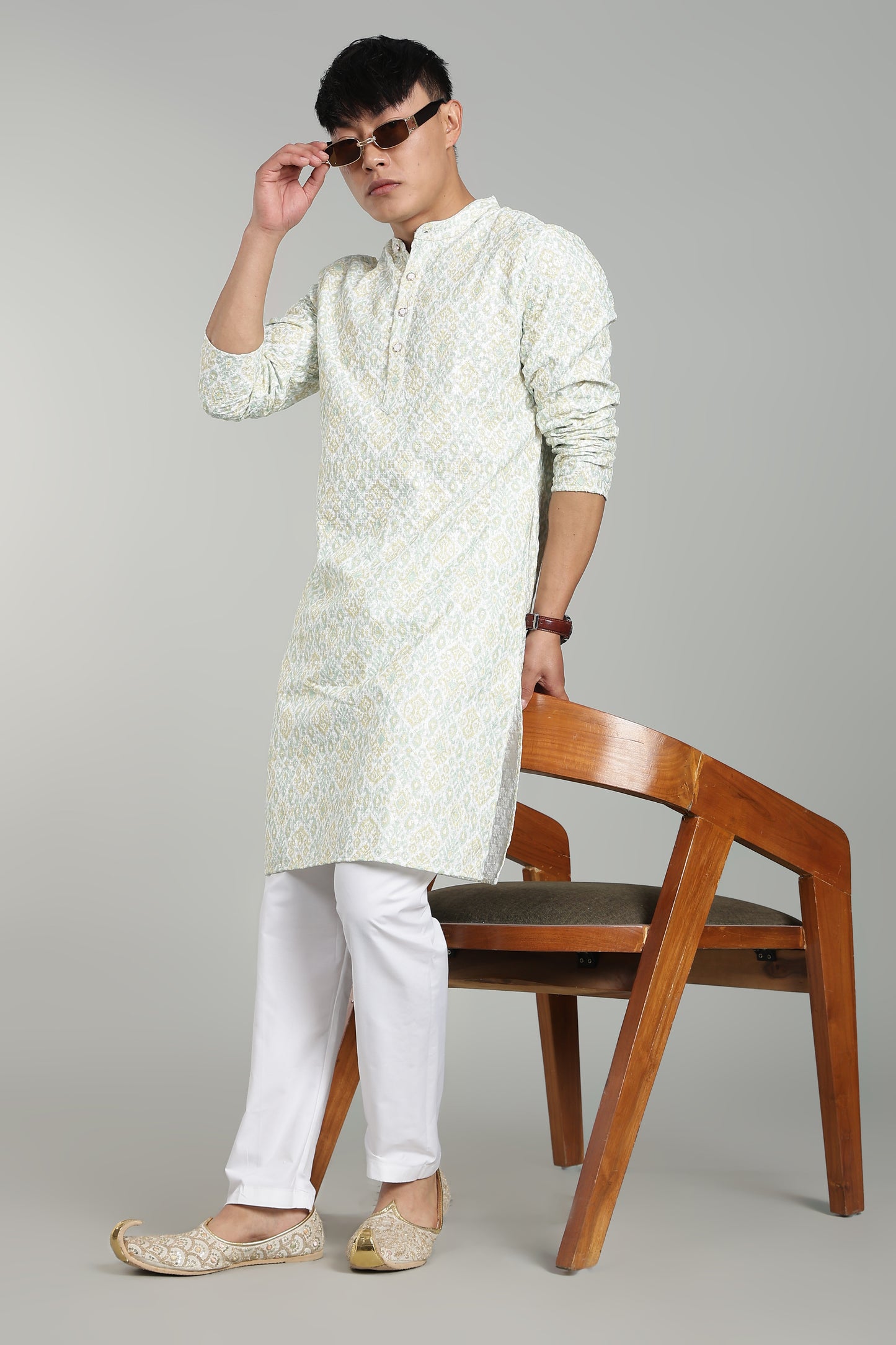 Men’s Yellow Ethnic Printed Textured Kurta