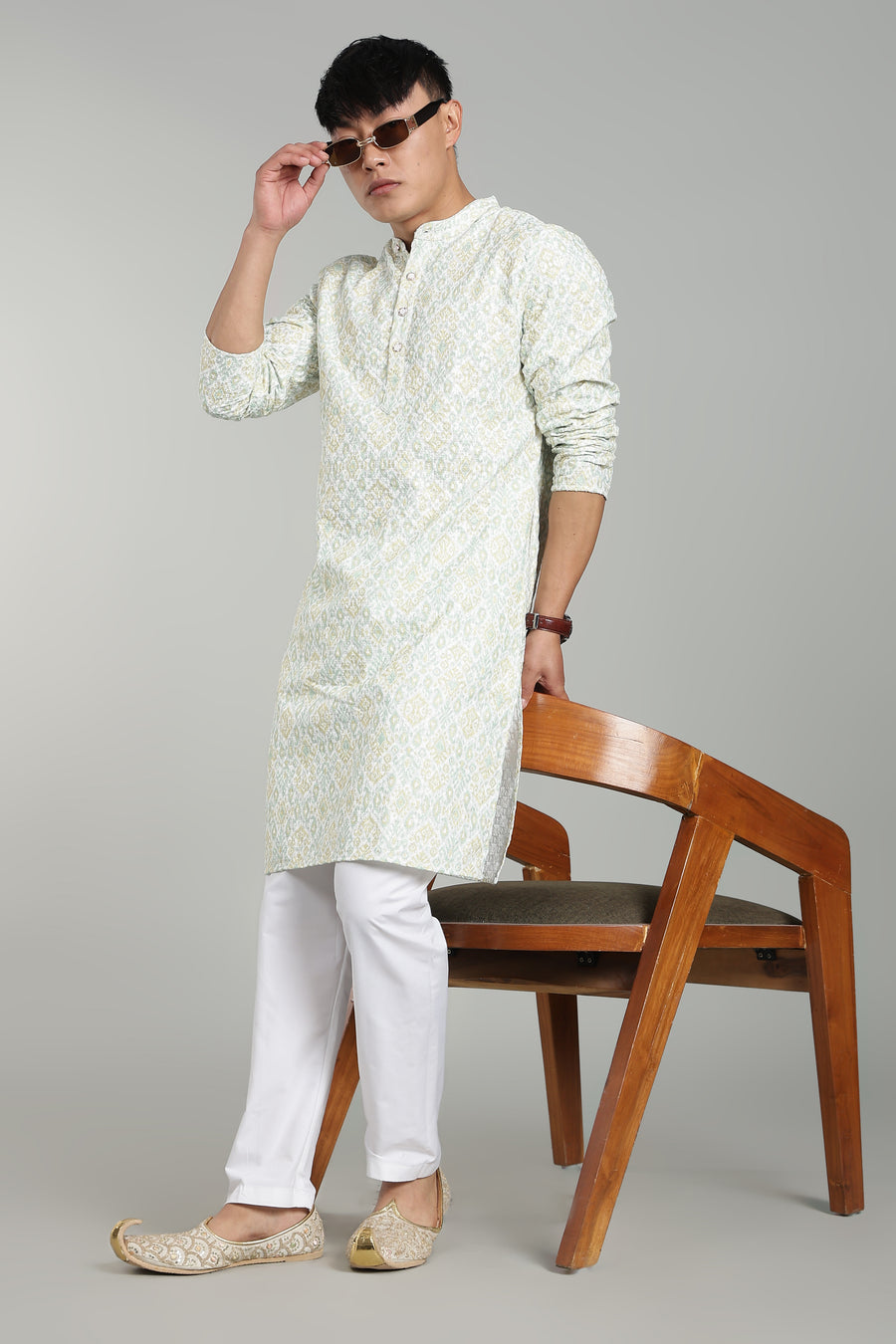 Men’s Yellow Ethnic Printed Textured Kurta