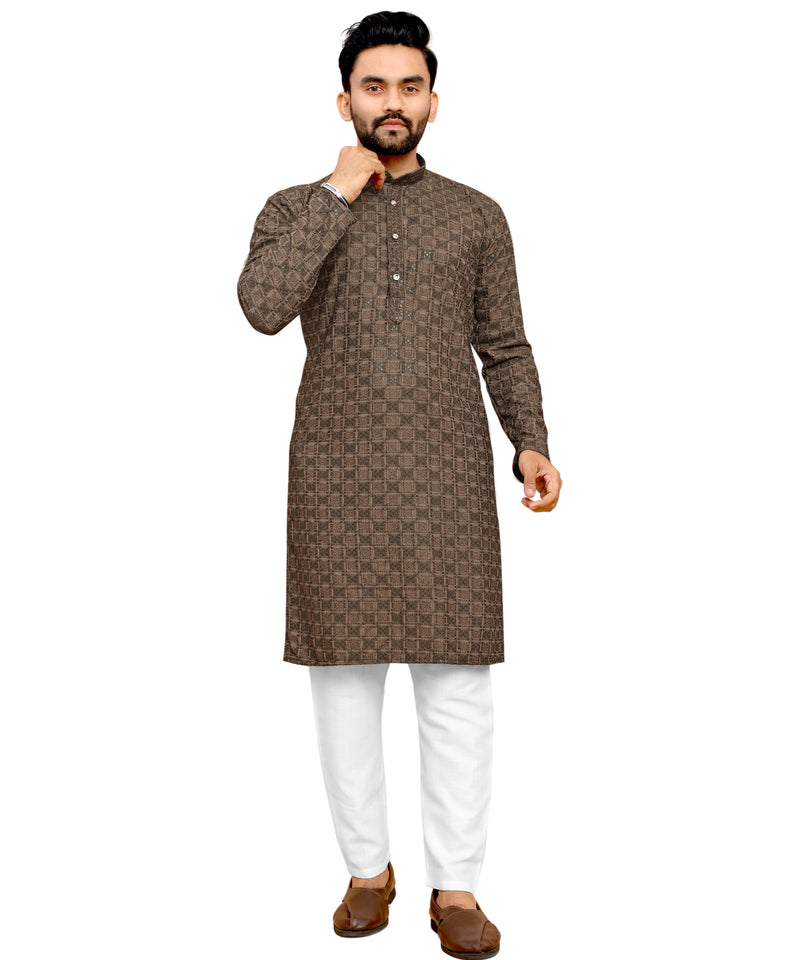 Men's Printed Long Kurta with Mandarin Collar{BROWN}| Stylish Kurta for Men | Full Sleeve Traditional Ethnic Kurta