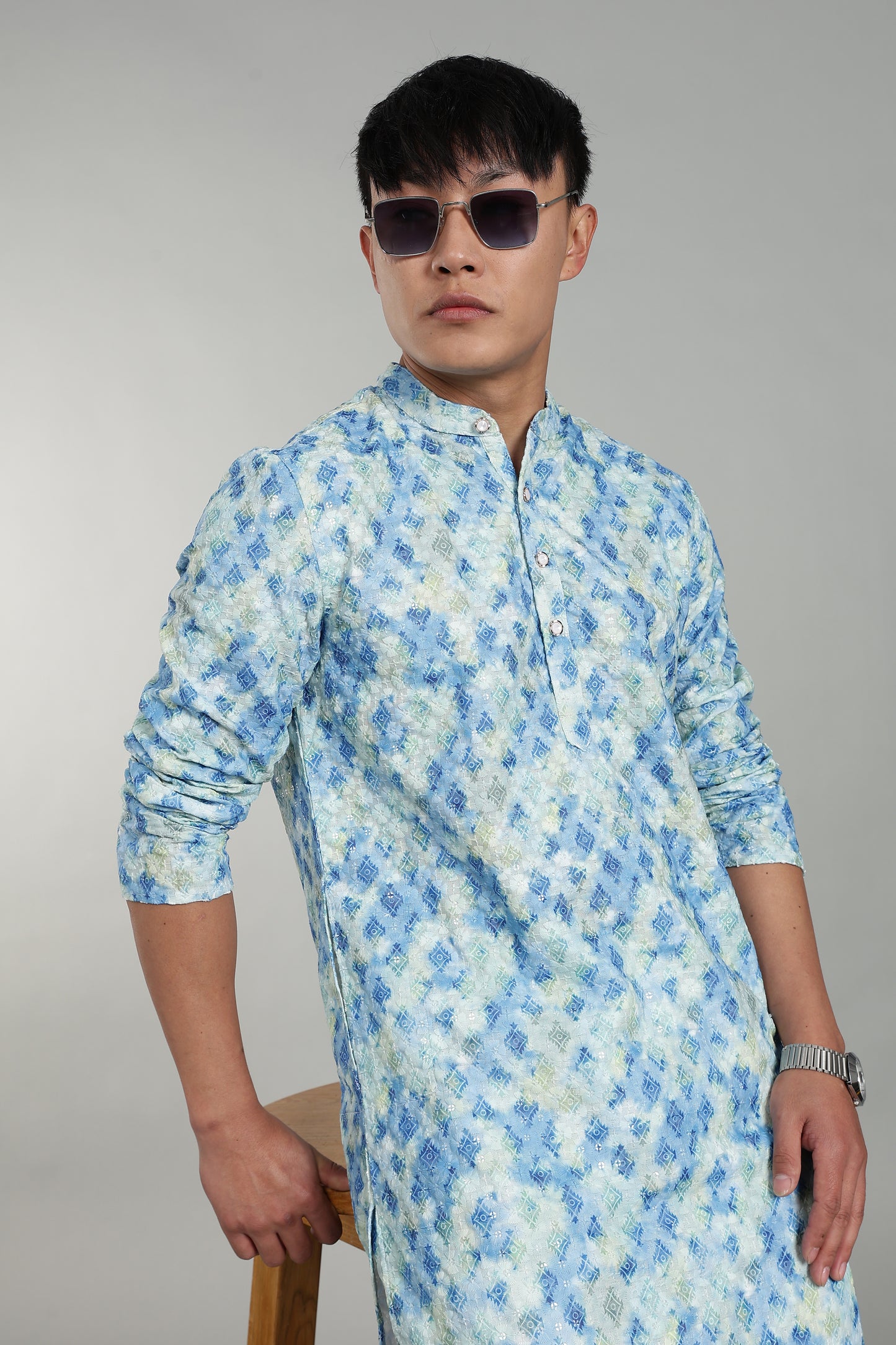 Men’s Blue Geometric Printed Textured Kurta
