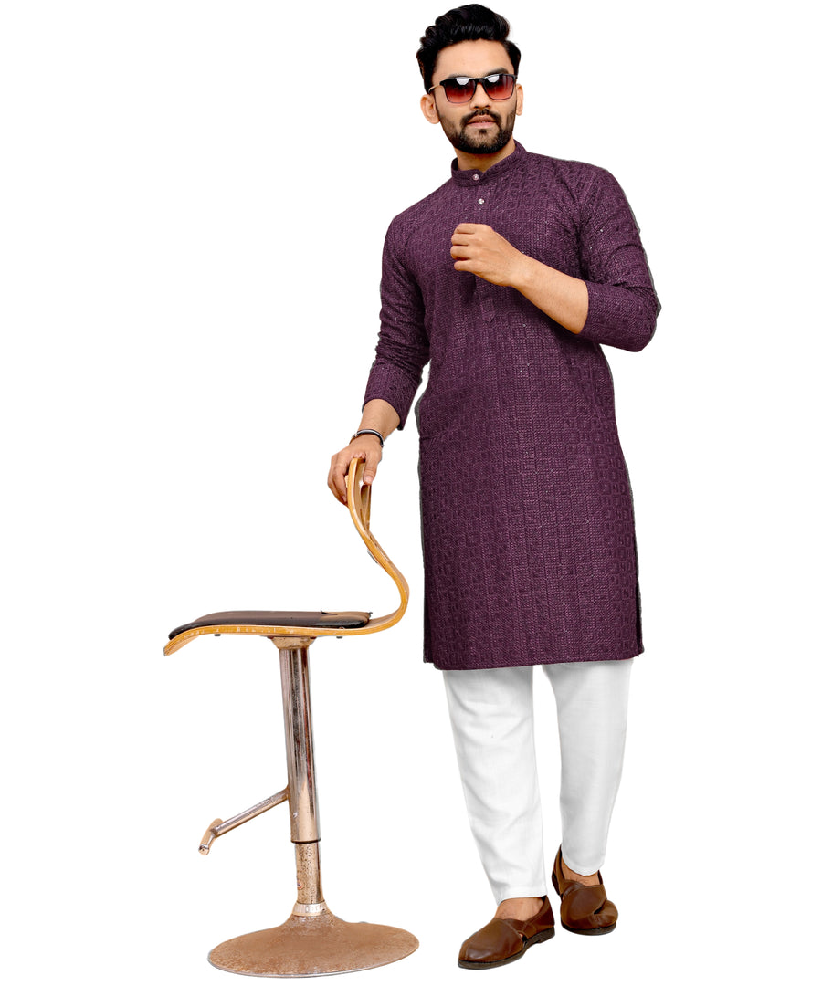 Men's Printed Long Kurta with Mandarin Collar{WINE}| Stylish Kurta for Men | Full Sleeve Traditional Ethnic Kurta
