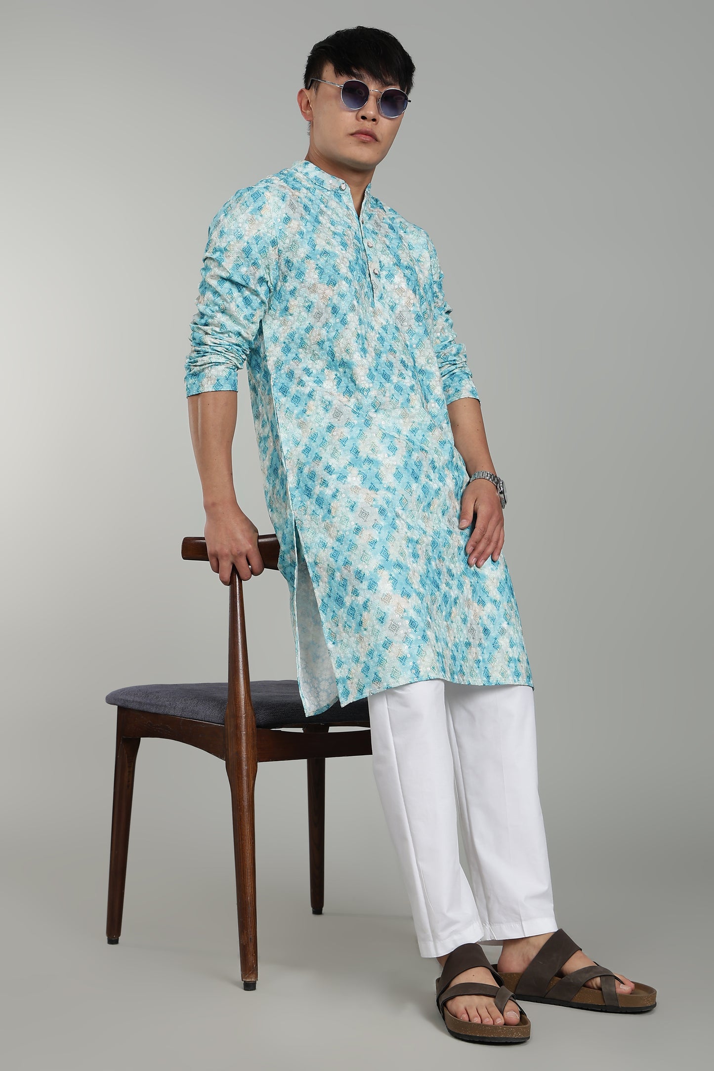 Men’s Rama Green Geometric Printed Textured Kurta