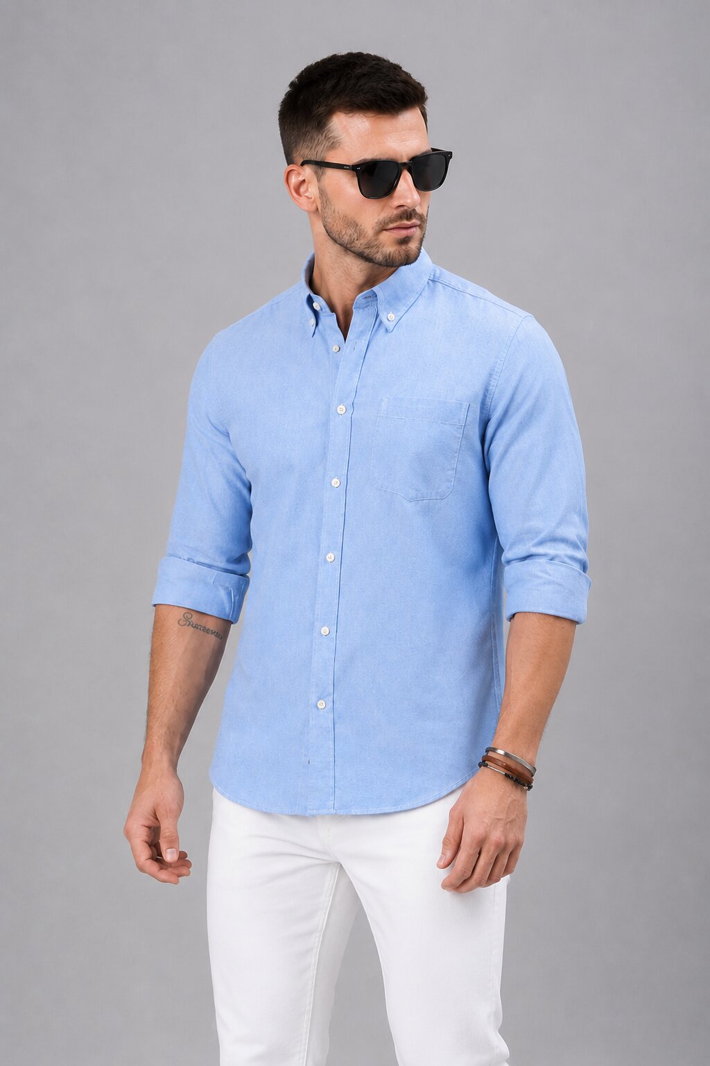 Men’s Sky Blue Solid Full Sleeve Button-Down Casual Shirt