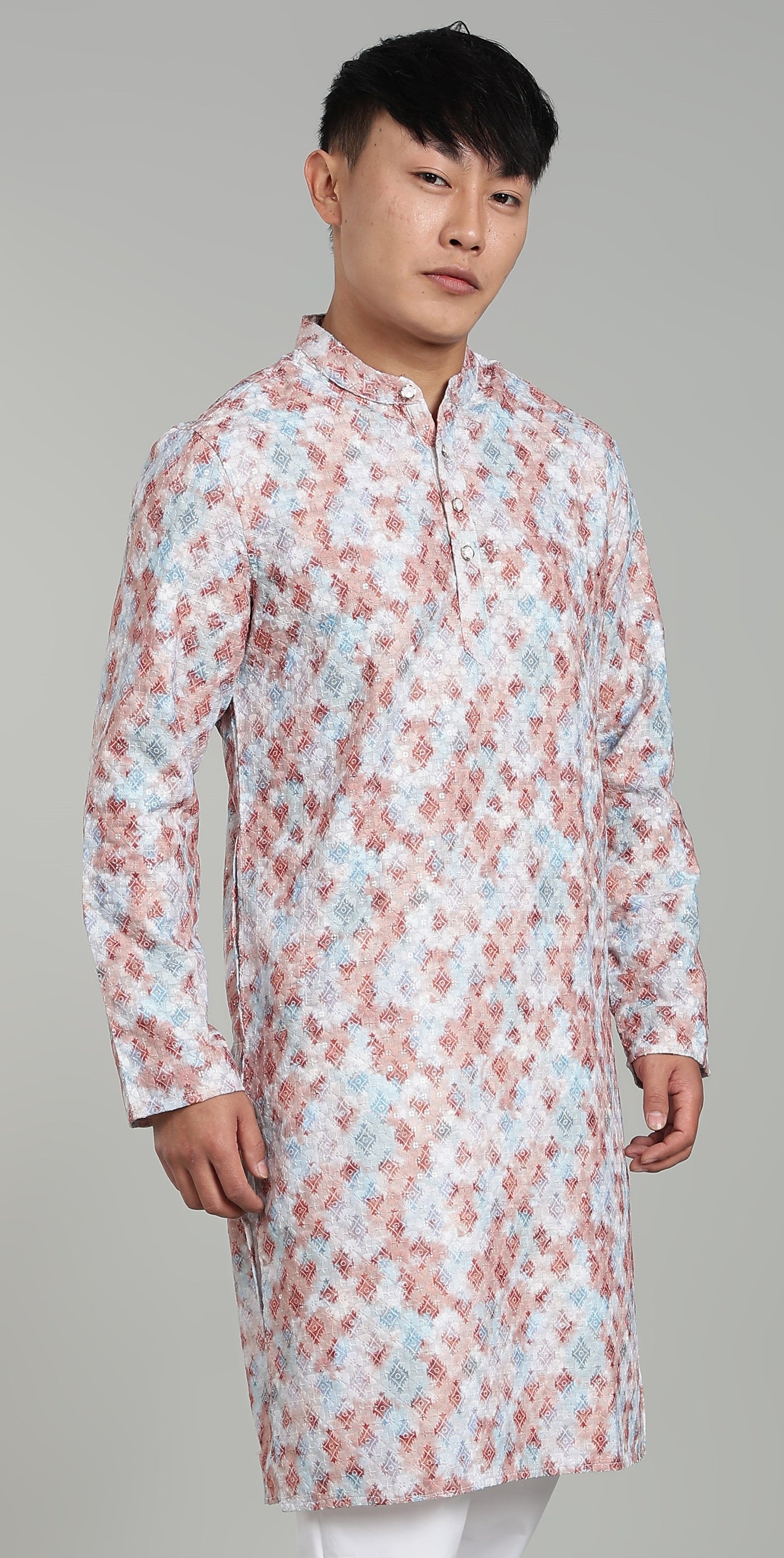 Men’s Brown Geometric Printed Textured Kurta