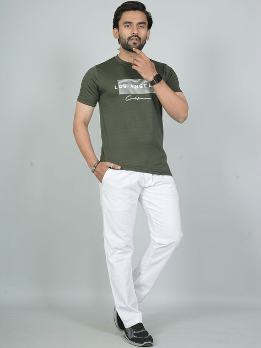 Men’s Olive Green Los Angeles Printed Textured T-Shirt