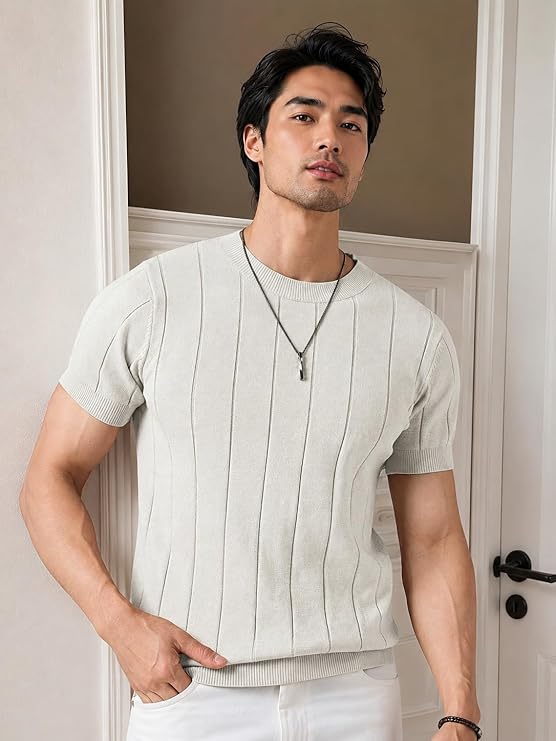Men's White Textured Knitted T-Shirt