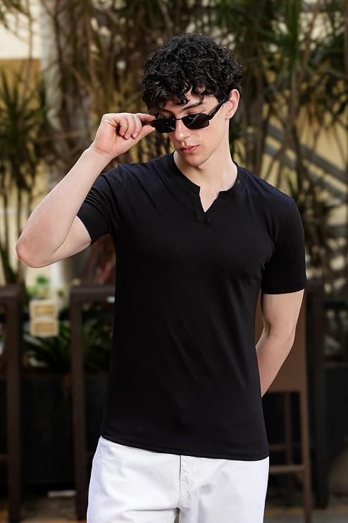 Men's Black Textured V-Neck T-Shirt