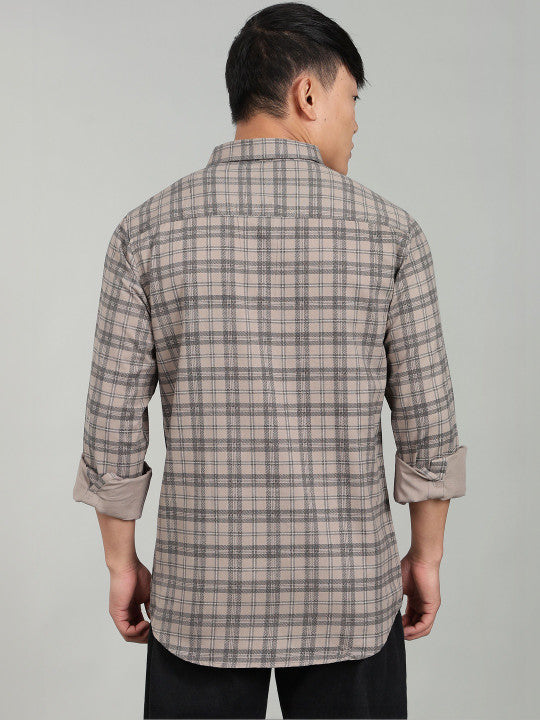 Men’s Beige Checked Casual Shirt – Premium Plaid Full Sleeve Shirt
