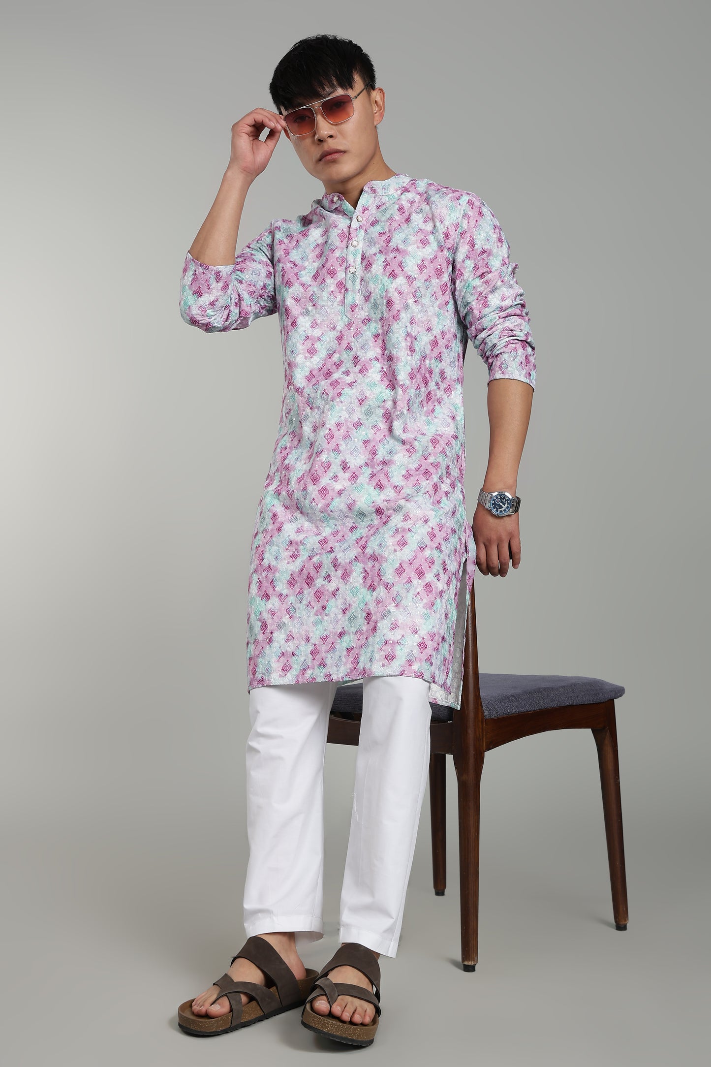 Men’s Pink Geometric Printed Textured Kurta