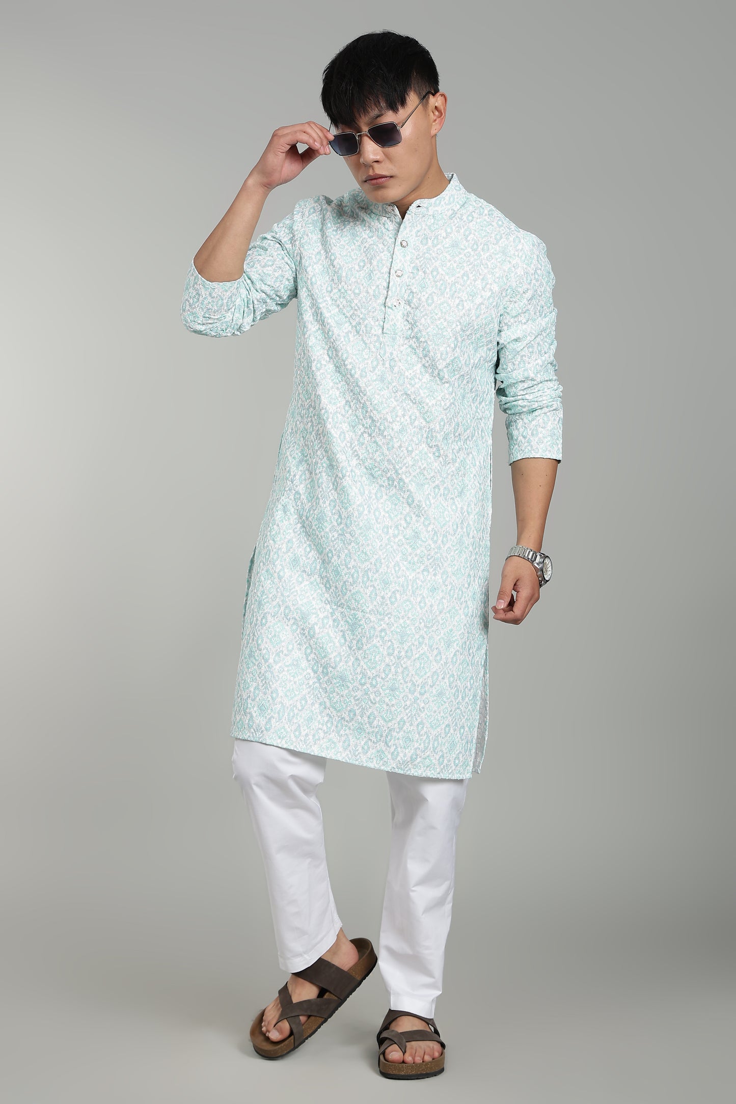Men’s Sea Blue Ethnic Printed Textured Kurta