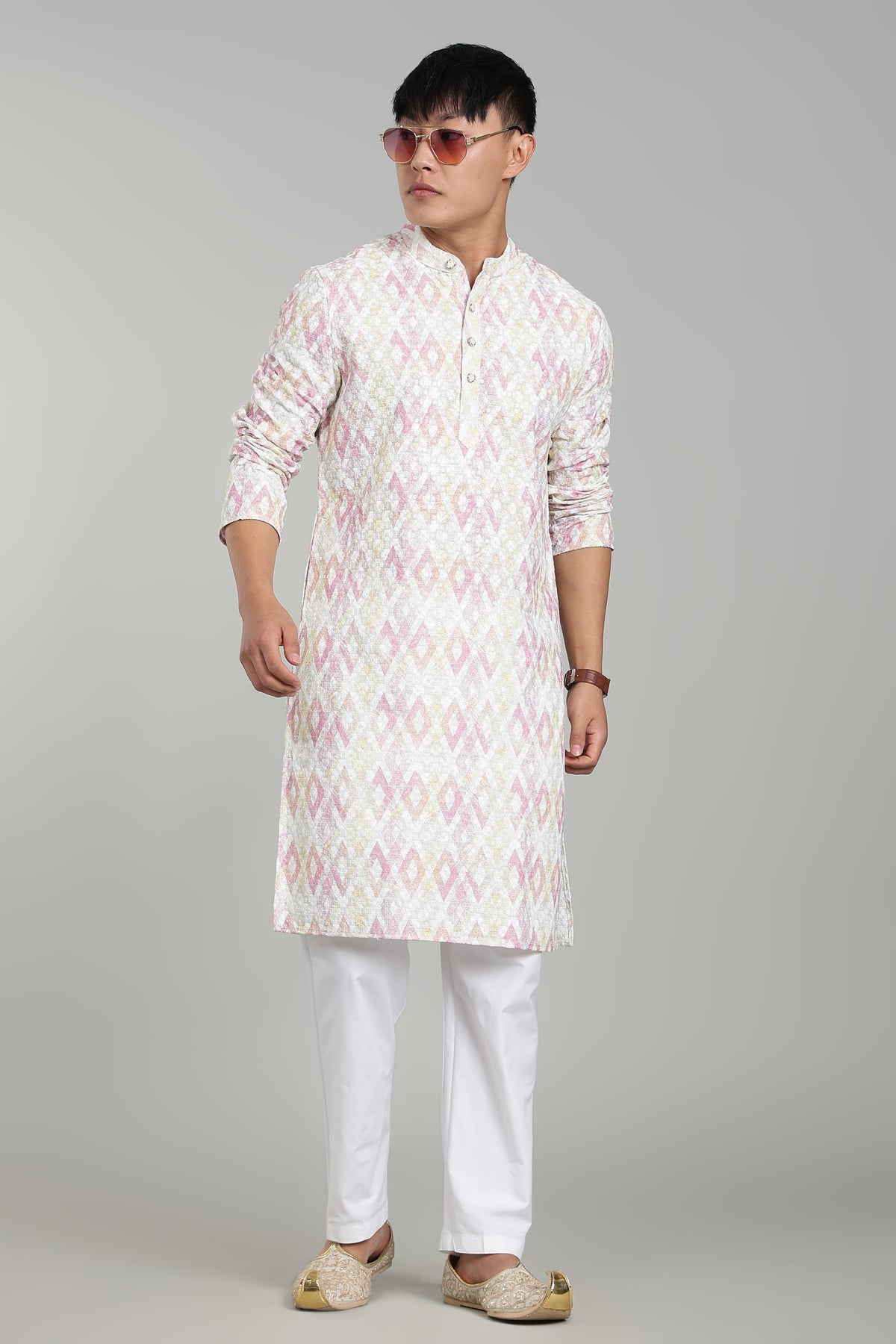 Men’s Light Pink Geometric Printed Textured Kurta