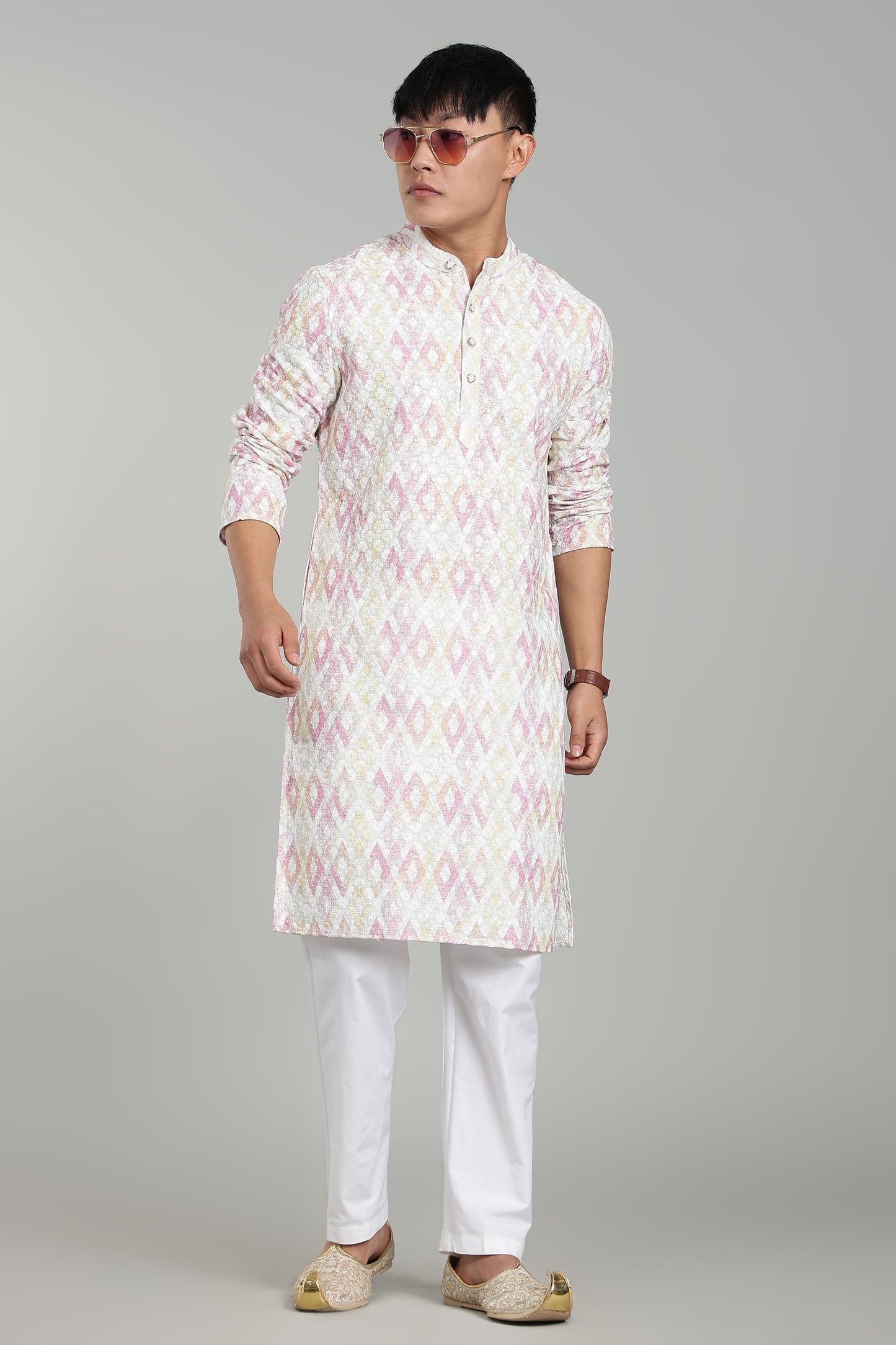 Men’s Light Pink Geometric Printed Textured Kurta