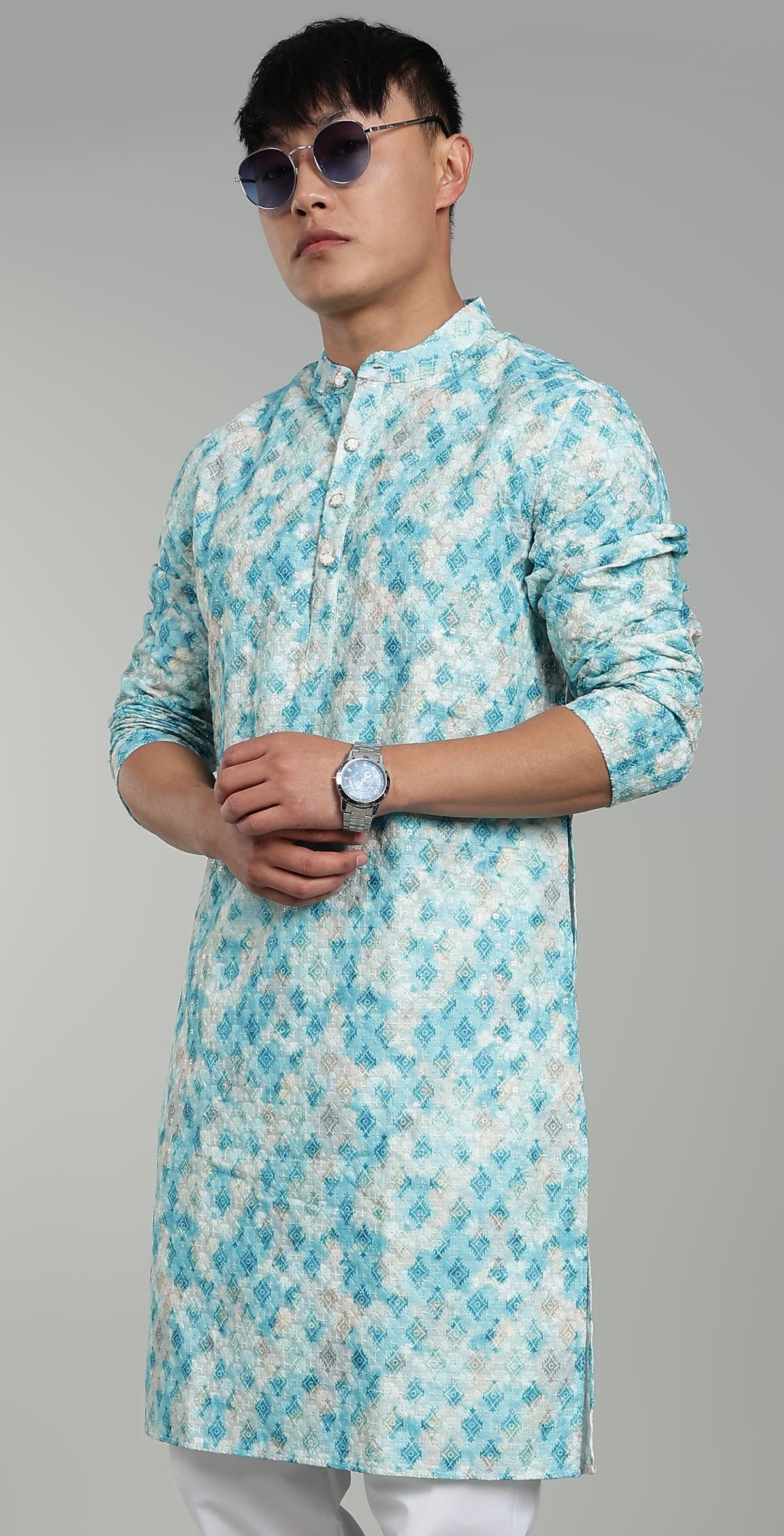 Men’s Rama Green Geometric Printed Textured Kurta