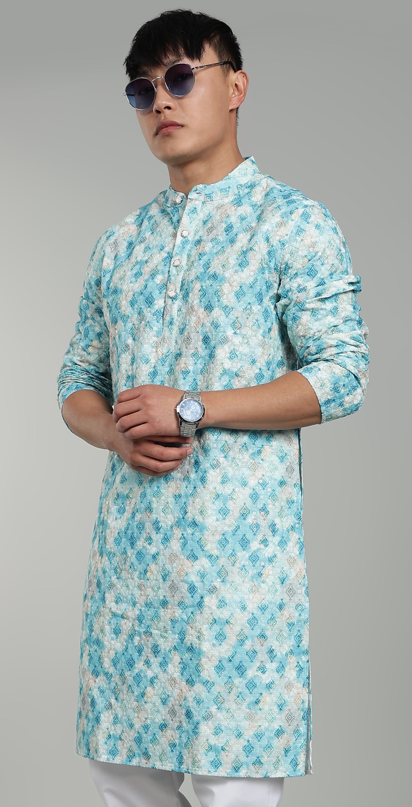 Men’s Rama Green Geometric Printed Textured Kurta