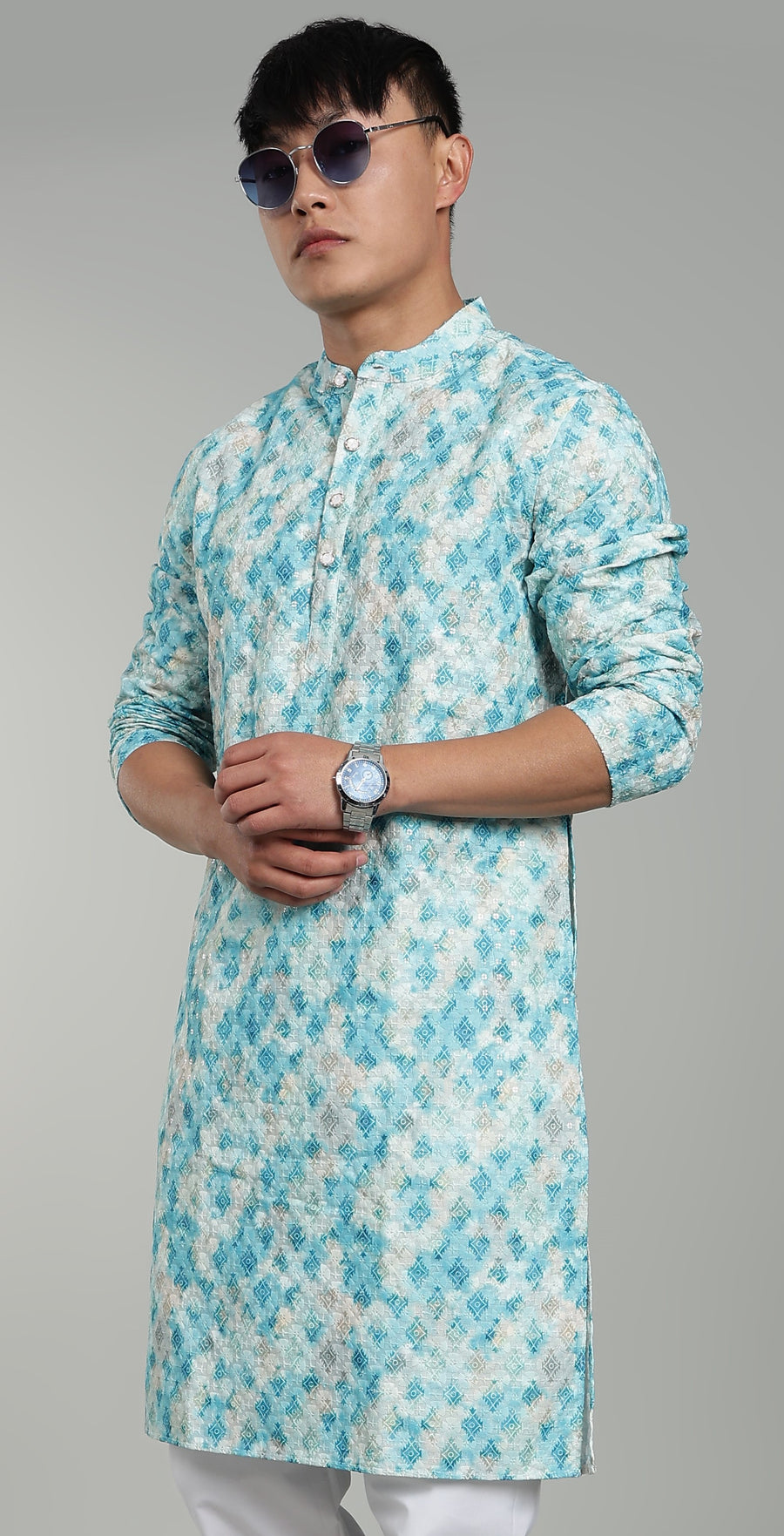 Men’s Rama Green Geometric Printed Textured Kurta