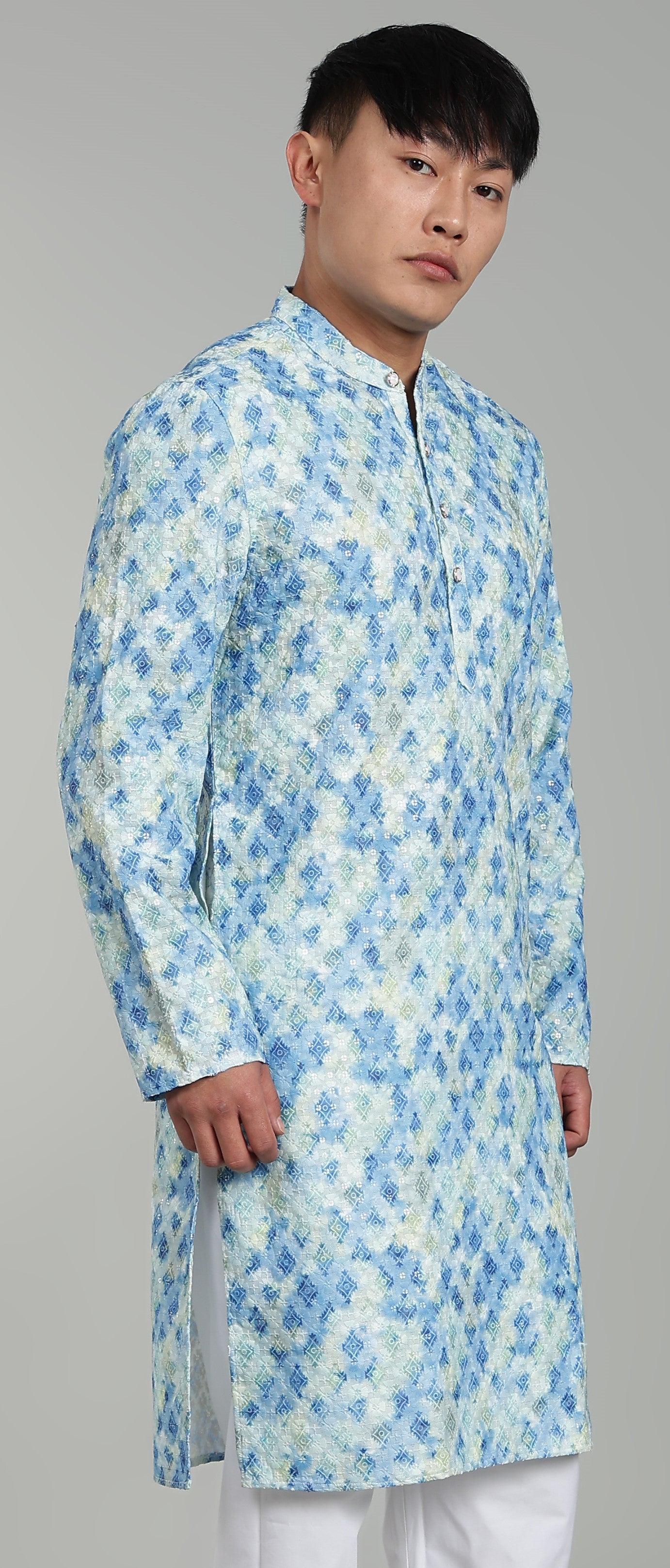 Men’s Blue Geometric Printed Textured Kurta