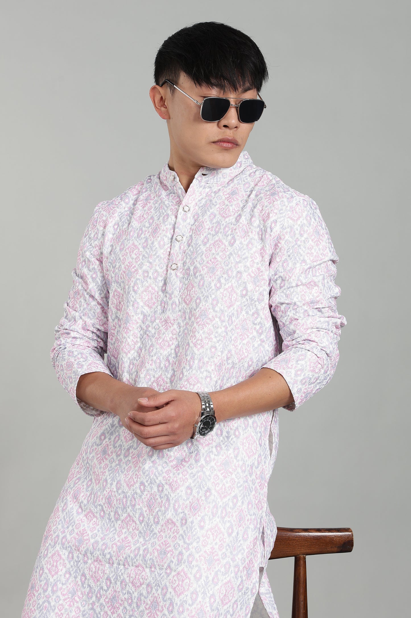 Men’s Red Ethnic Printed Textured Kurta