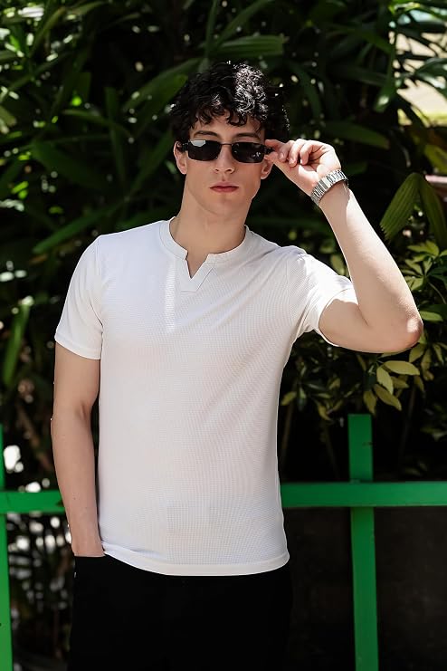 Men's White Waffle Knit V-Notch Neck T-Shirt