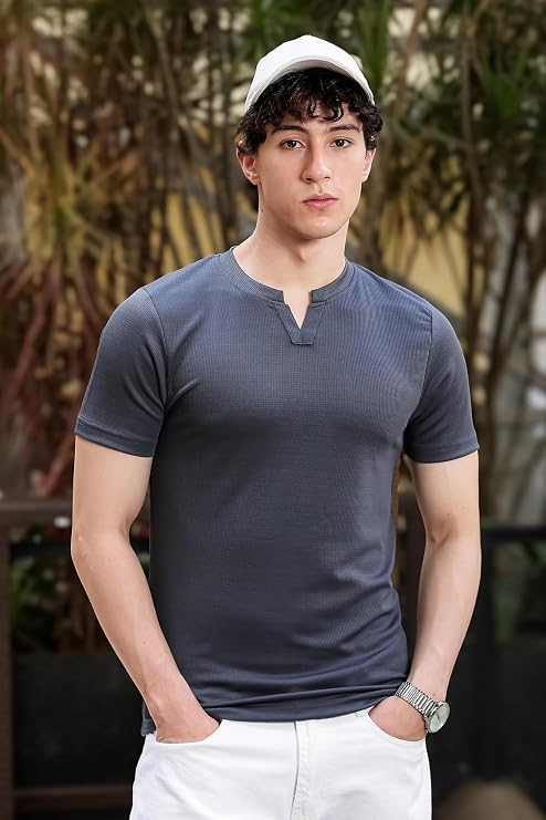 Men's Light Grey Waffle Knit V-Notch Neck T-Shirt