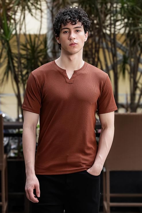 Men's Grey Waffle Knit V-Notch Neck T-Shirt