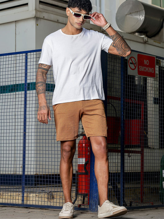 Men’s Khaki Checked Textured Gym Shorts – Stretch Casual Active Shorts