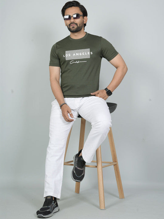 Men’s Olive Green Los Angeles Printed Textured T-Shirt