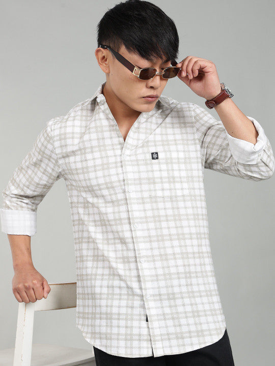 Men’s Elegant White Checked Casual Shirt – Premium Plaid Full Sleeve Shirt
