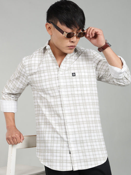 Men’s Elegant White Checked Casual Shirt – Premium Plaid Full Sleeve Shirt