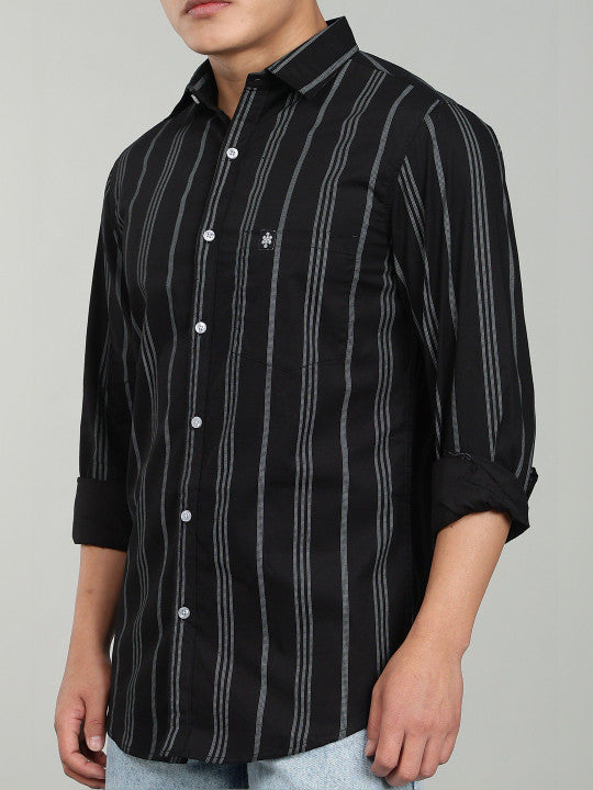 Men’s Black Vertical Striped Casual Shirt – Premium Full Sleeve Stripe Shirt