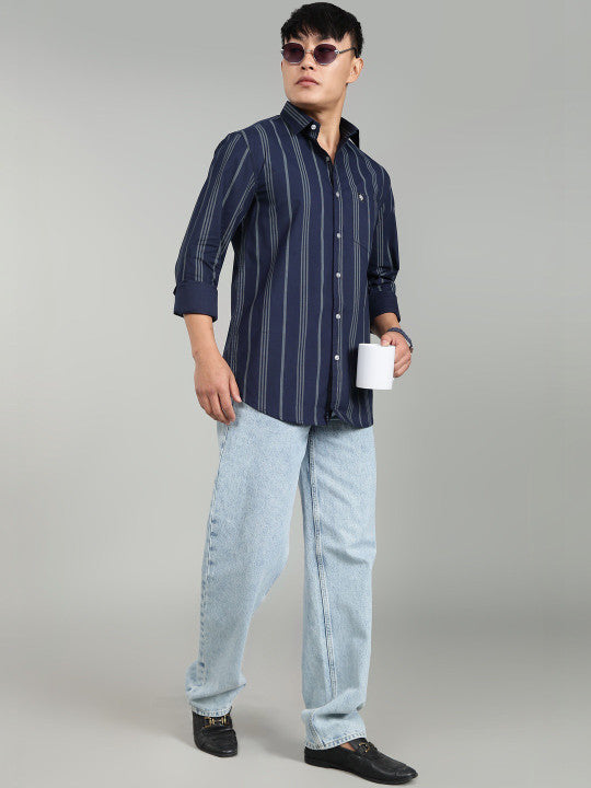 Dark Blue Vertical Striped Casual Shirt for Men – Premium Stripe Shirt