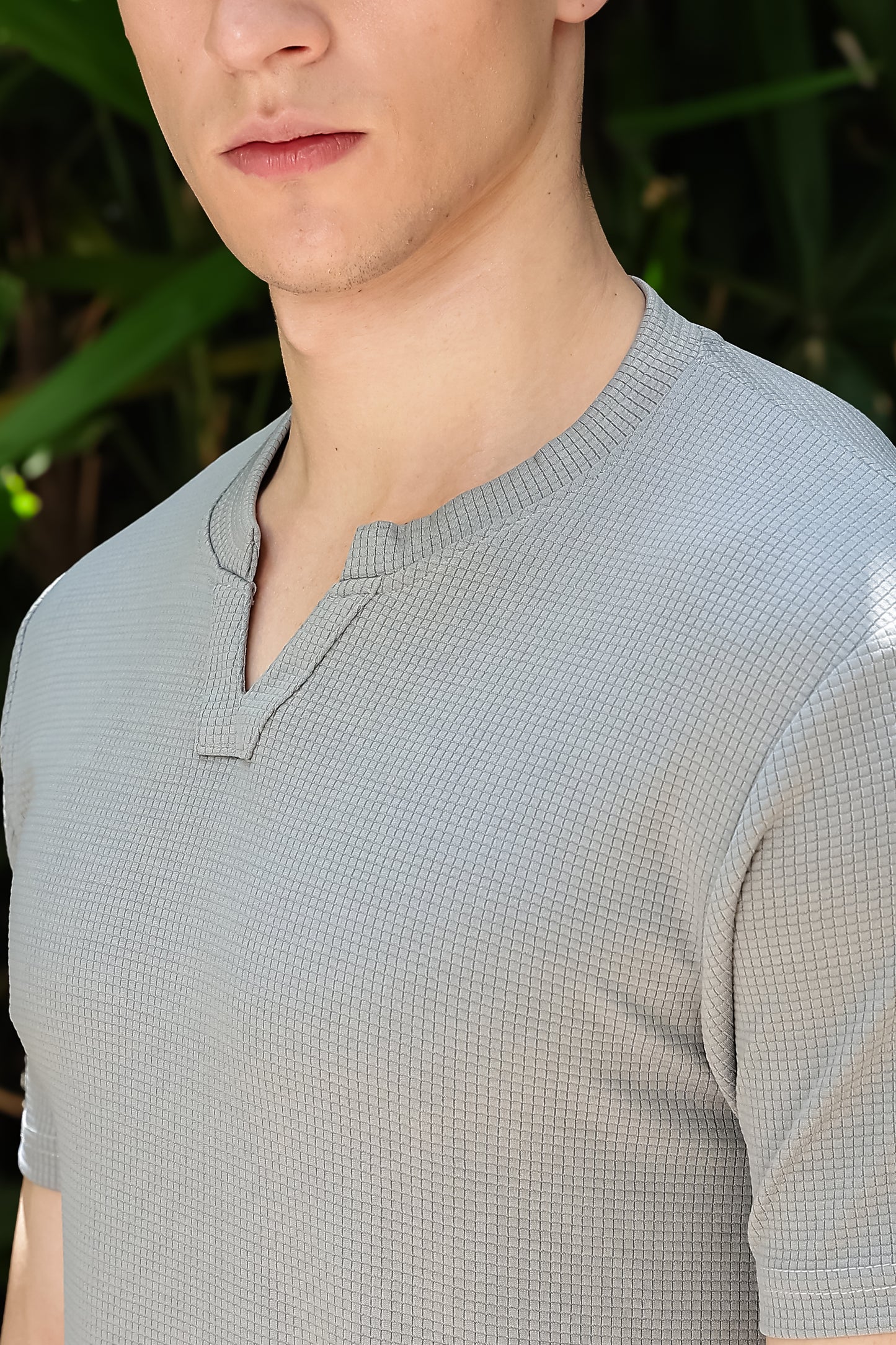 Men's Light Grey Waffle Knit V-Notch Neck T-Shirt