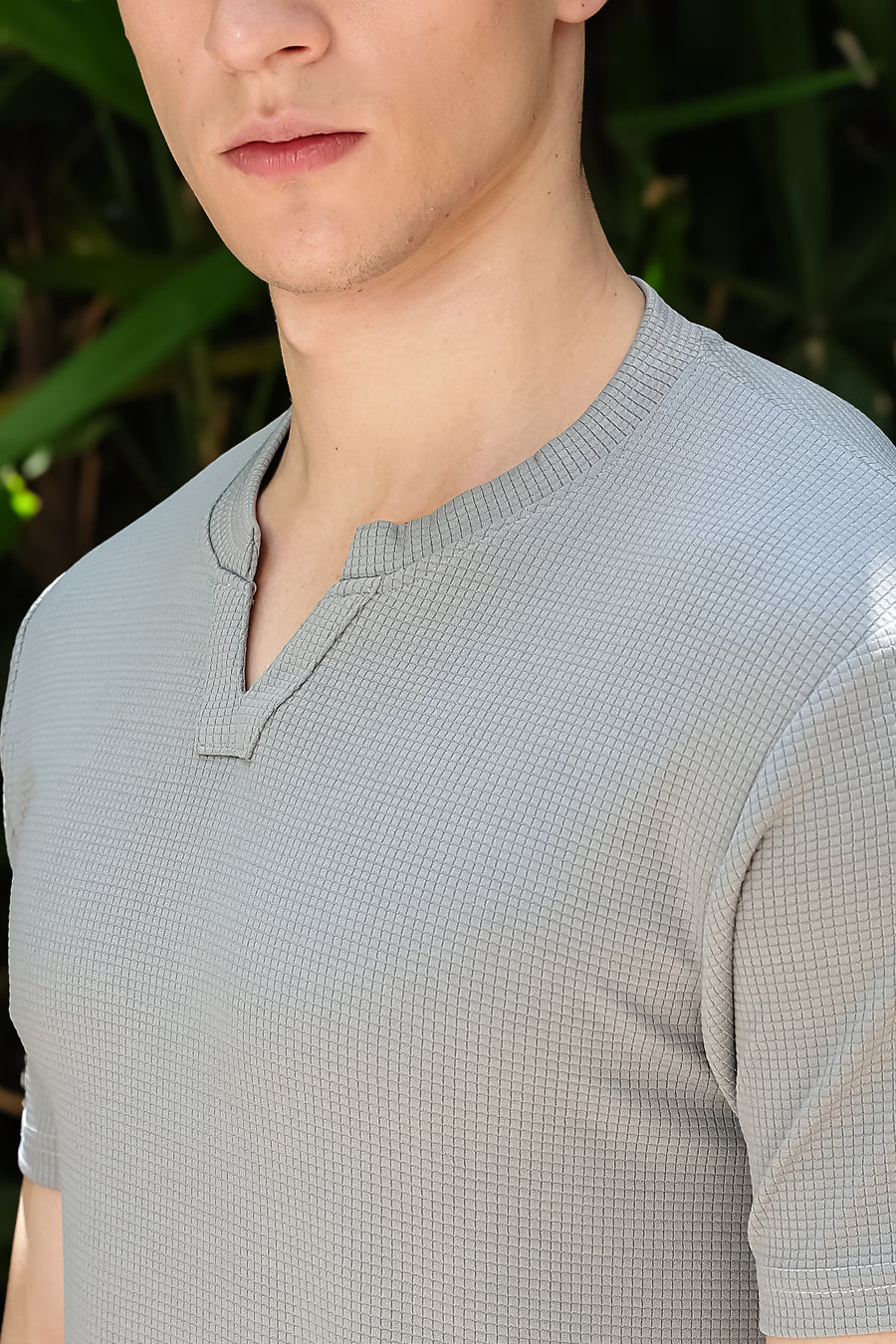 Men's Light Grey Waffle Knit V-Notch Neck T-Shirt