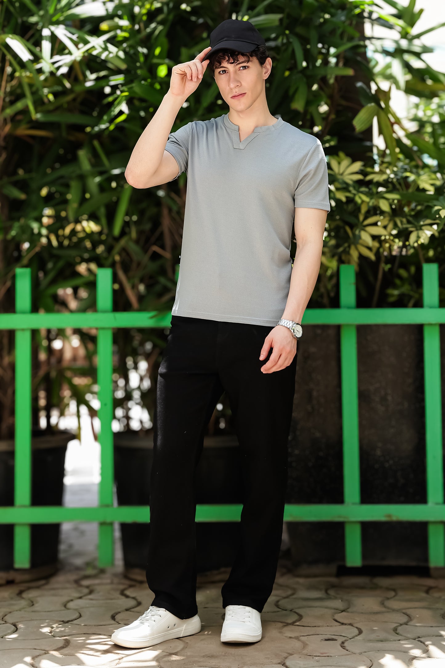 Men's Light Grey Waffle Knit V-Notch Neck T-Shirt