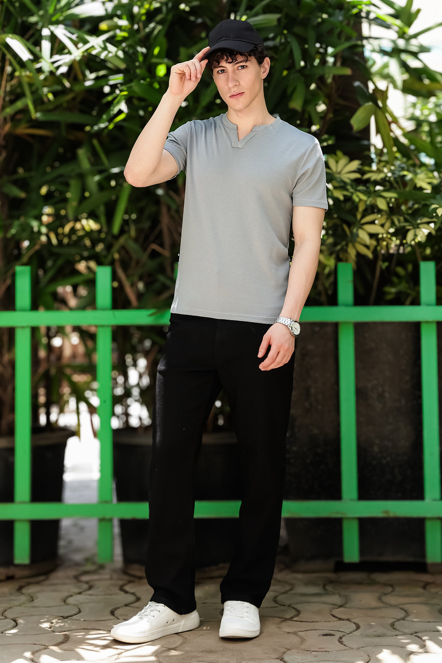 Men's Light Grey Waffle Knit V-Notch Neck T-Shirt