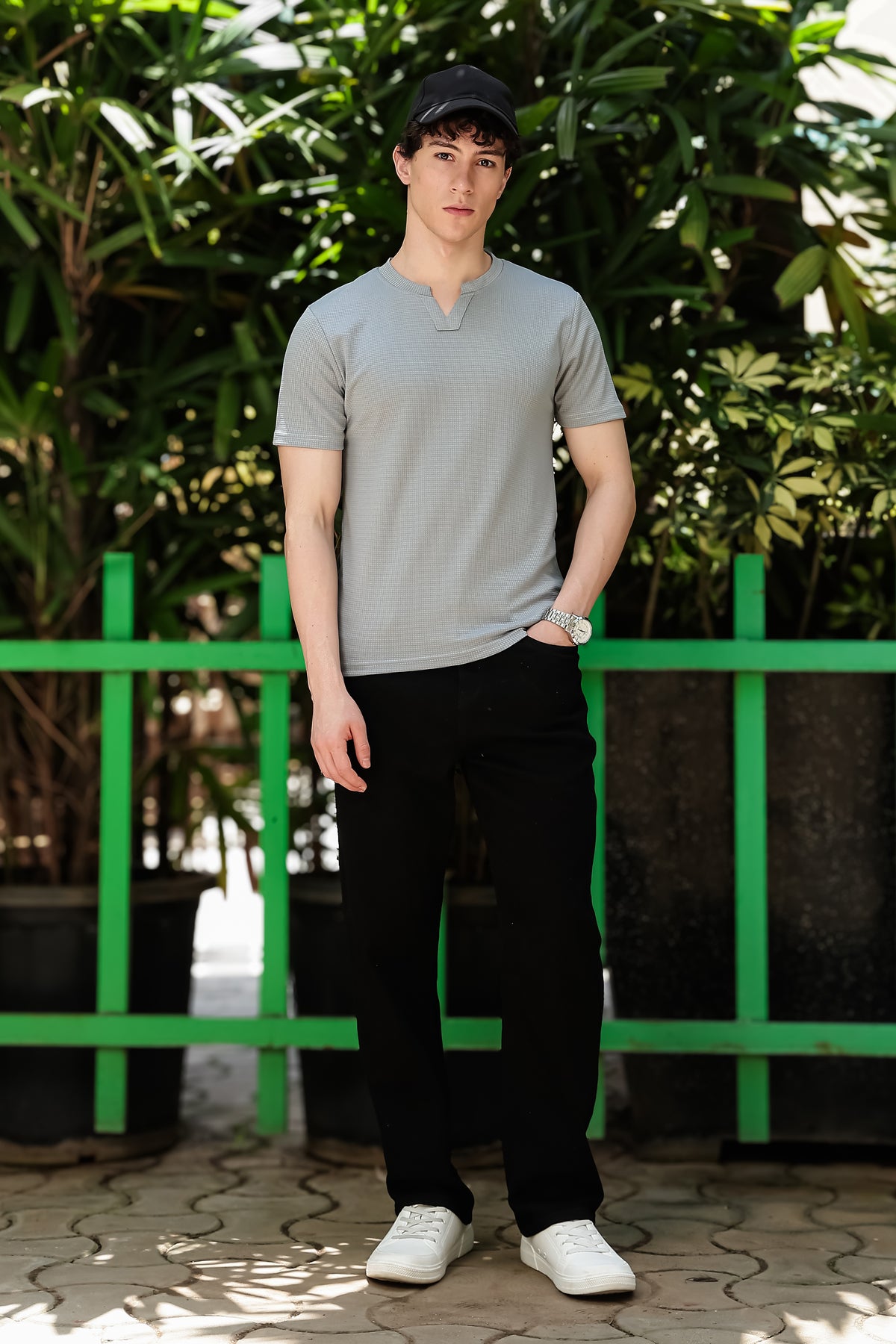 Men's Light Grey Waffle Knit V-Notch Neck T-Shirt