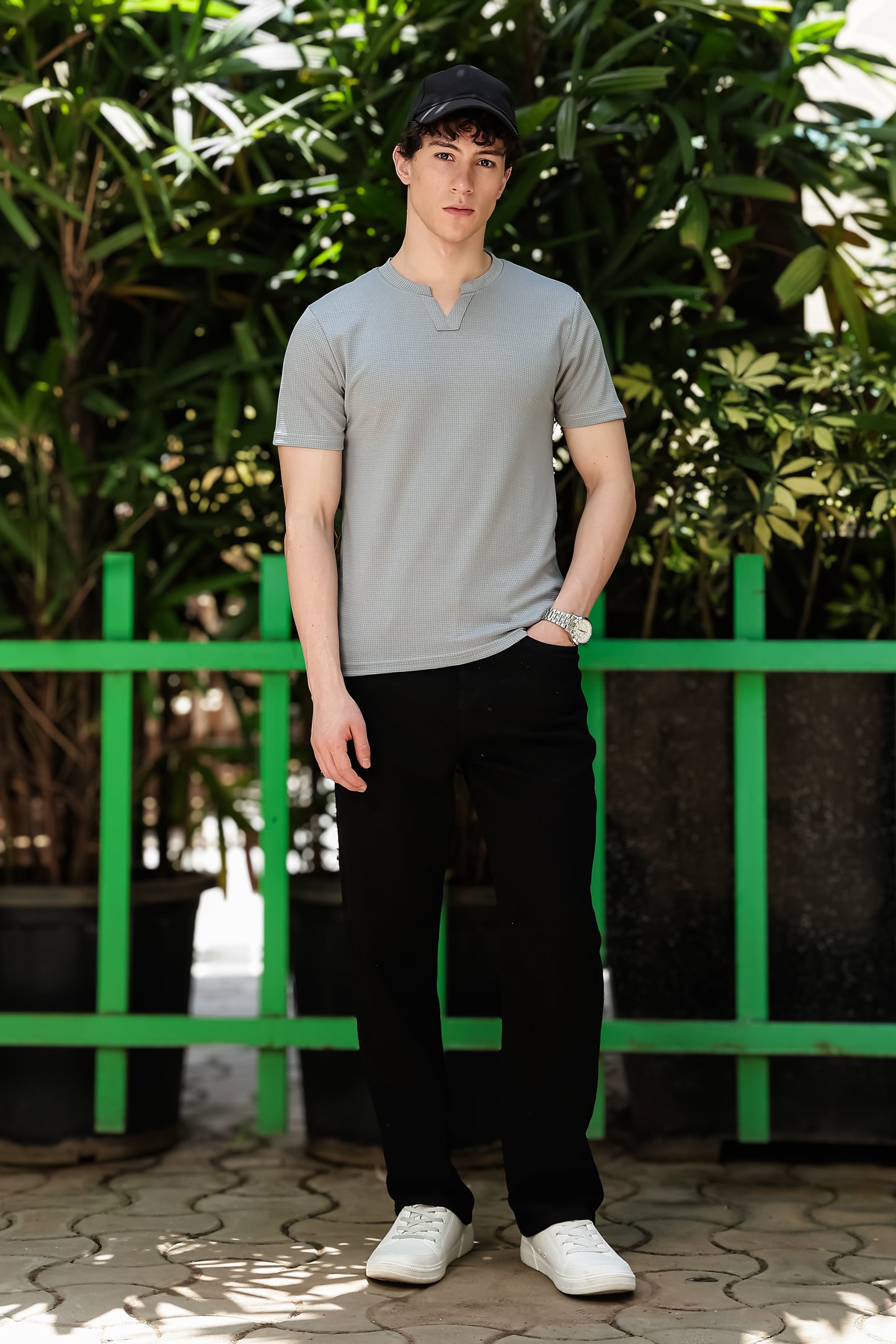 Men's Light Grey Waffle Knit V-Notch Neck T-Shirt