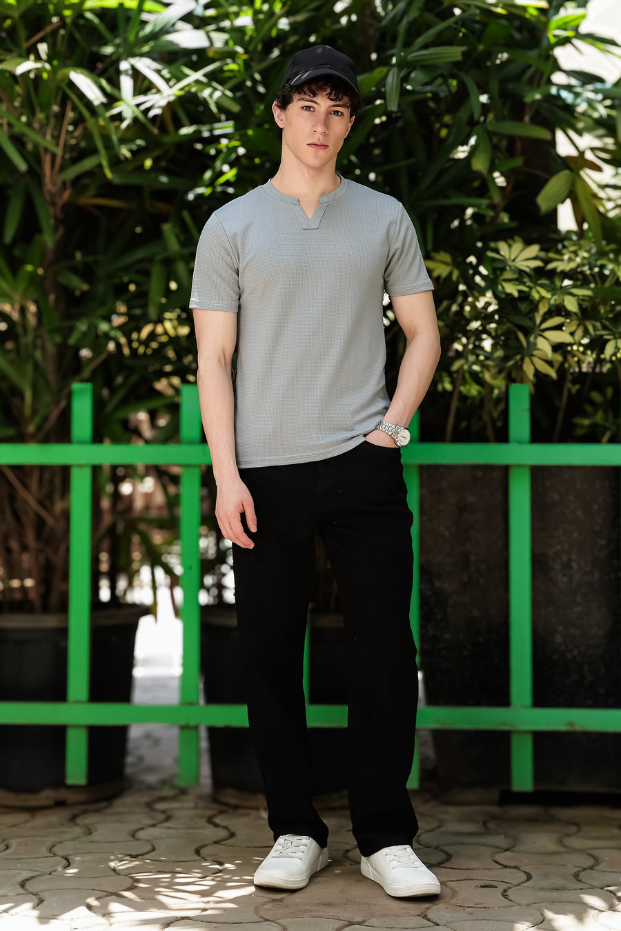 Men's Light Grey Waffle Knit V-Notch Neck T-Shirt