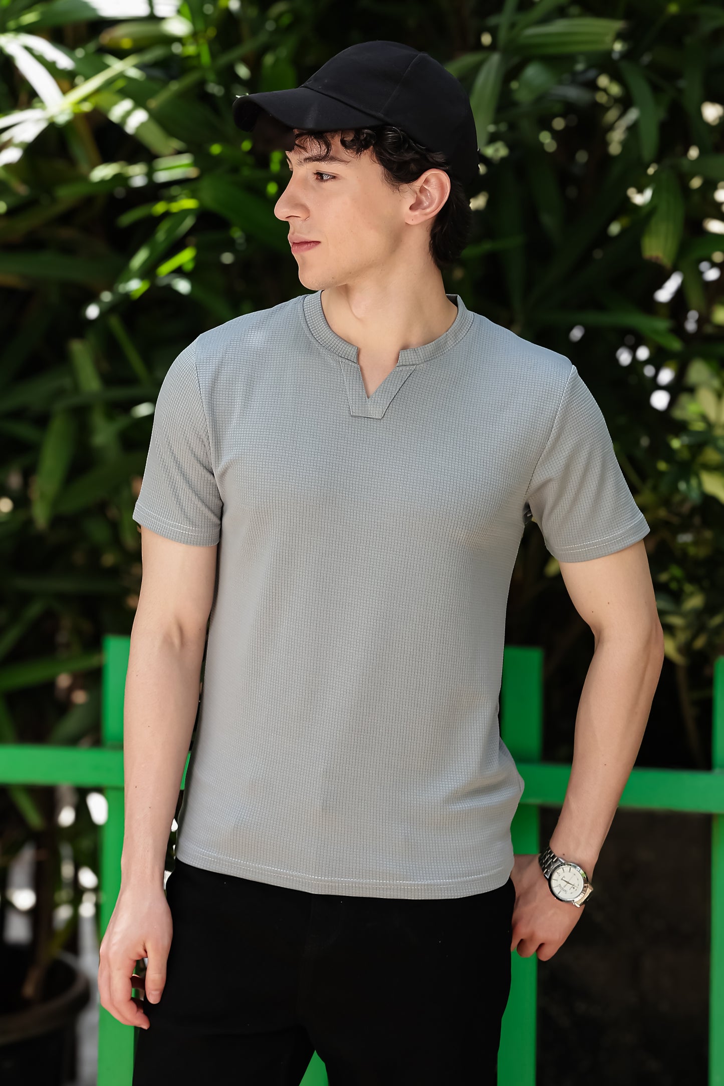 Men's Light Grey Waffle Knit V-Notch Neck T-Shirt