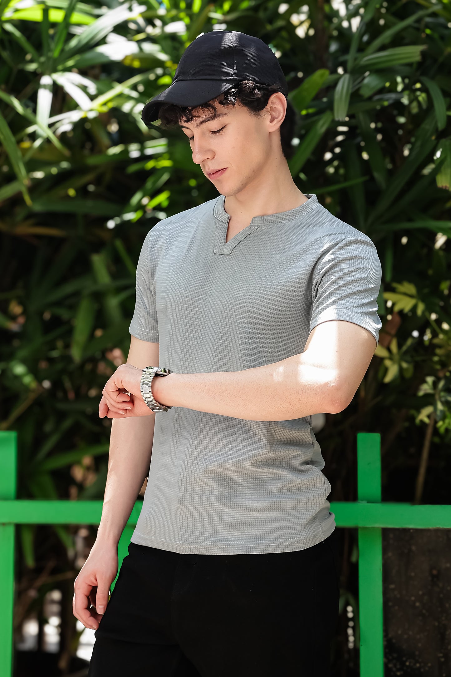 Men's Light Grey Waffle Knit V-Notch Neck T-Shirt