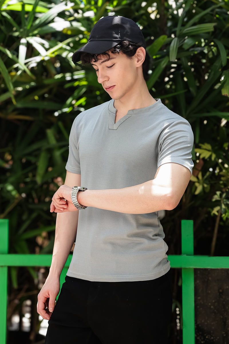 Men's Light Grey Waffle Knit V-Notch Neck T-Shirt