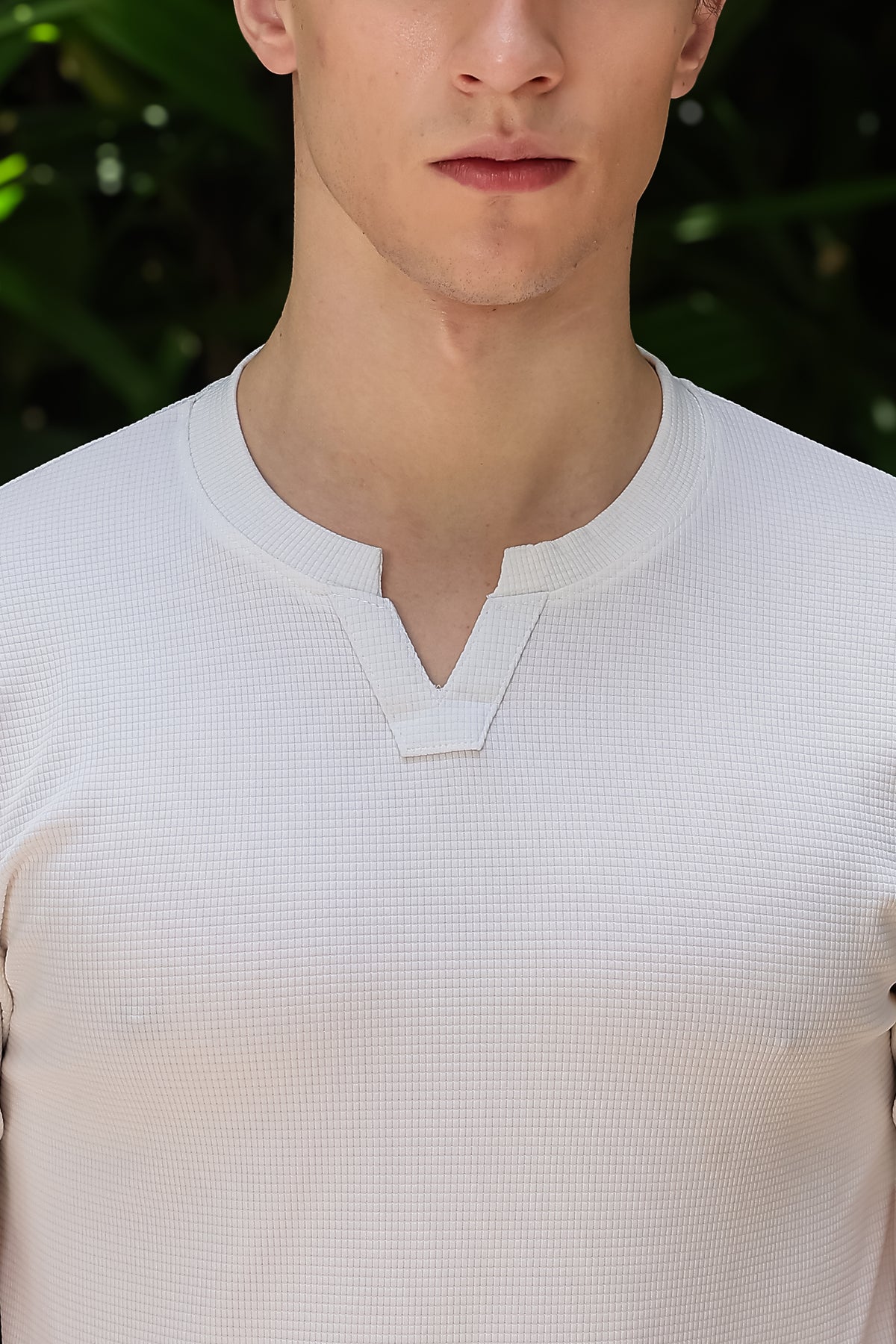 Men's White Waffle Knit V-Notch Neck T-Shirt