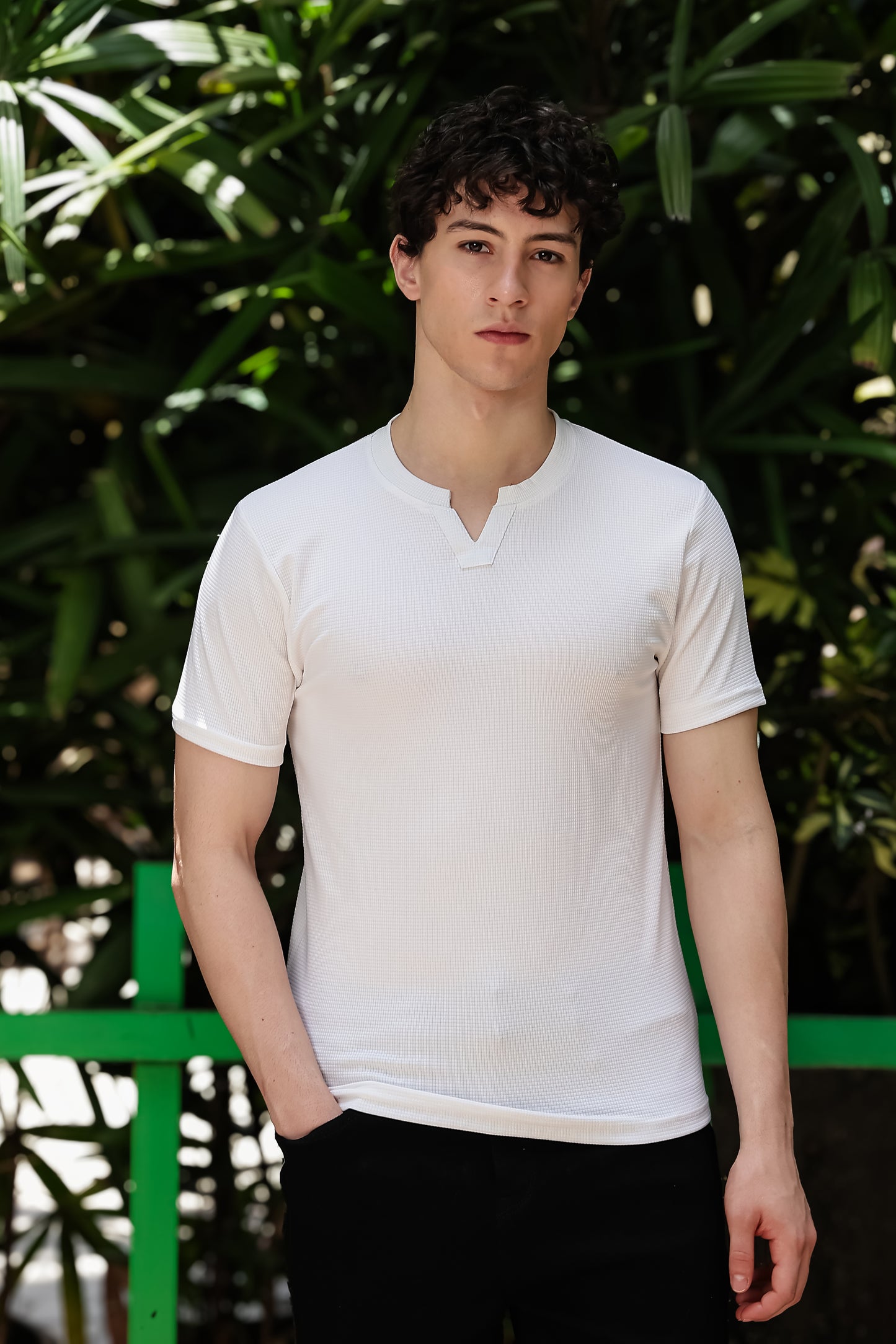 Men's White Waffle Knit V-Notch Neck T-Shirt