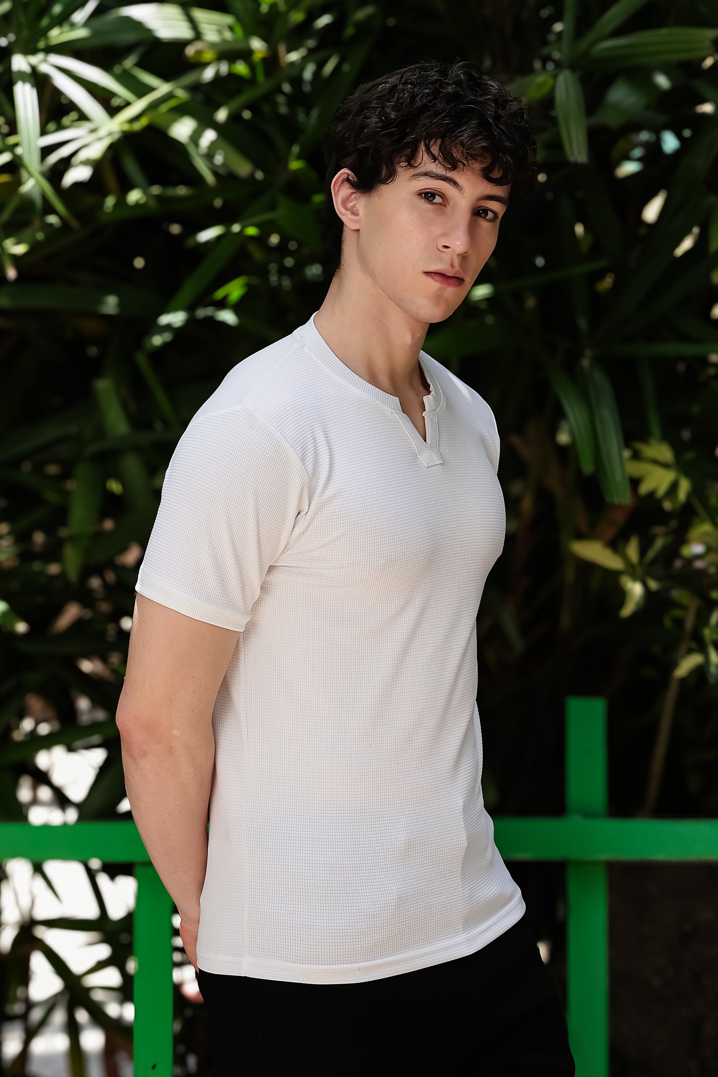 Men's White Waffle Knit V-Notch Neck T-Shirt