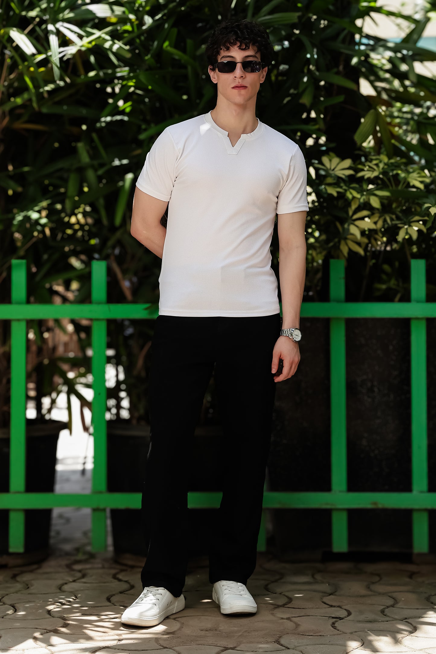 Men's White Waffle Knit V-Notch Neck T-Shirt