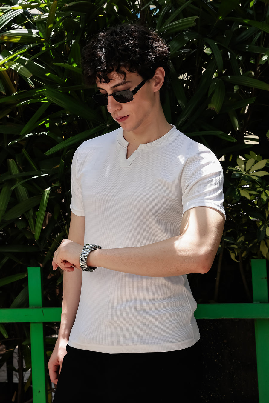 Men's White Waffle Knit V-Notch Neck T-Shirt