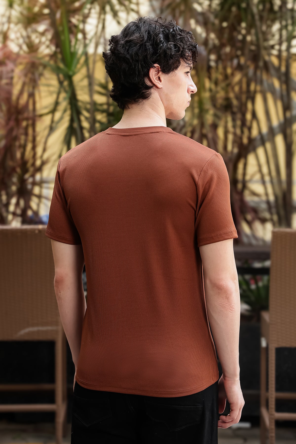 Men's Brown Waffle Knit V-Neck T-Shirt