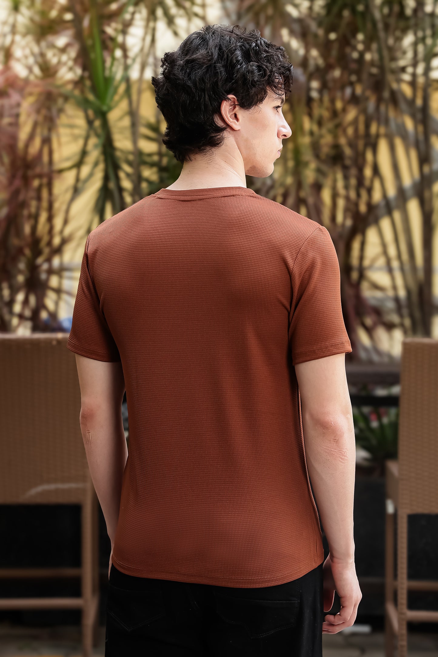 Men's Brown Waffle Knit V-Neck T-Shirt