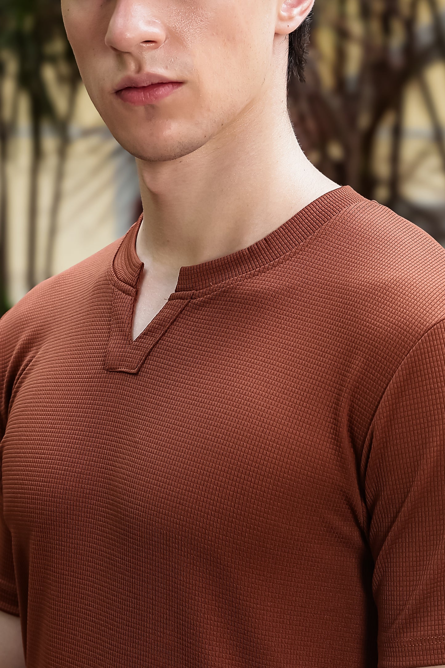 Men's Brown Waffle Knit V-Neck T-Shirt
