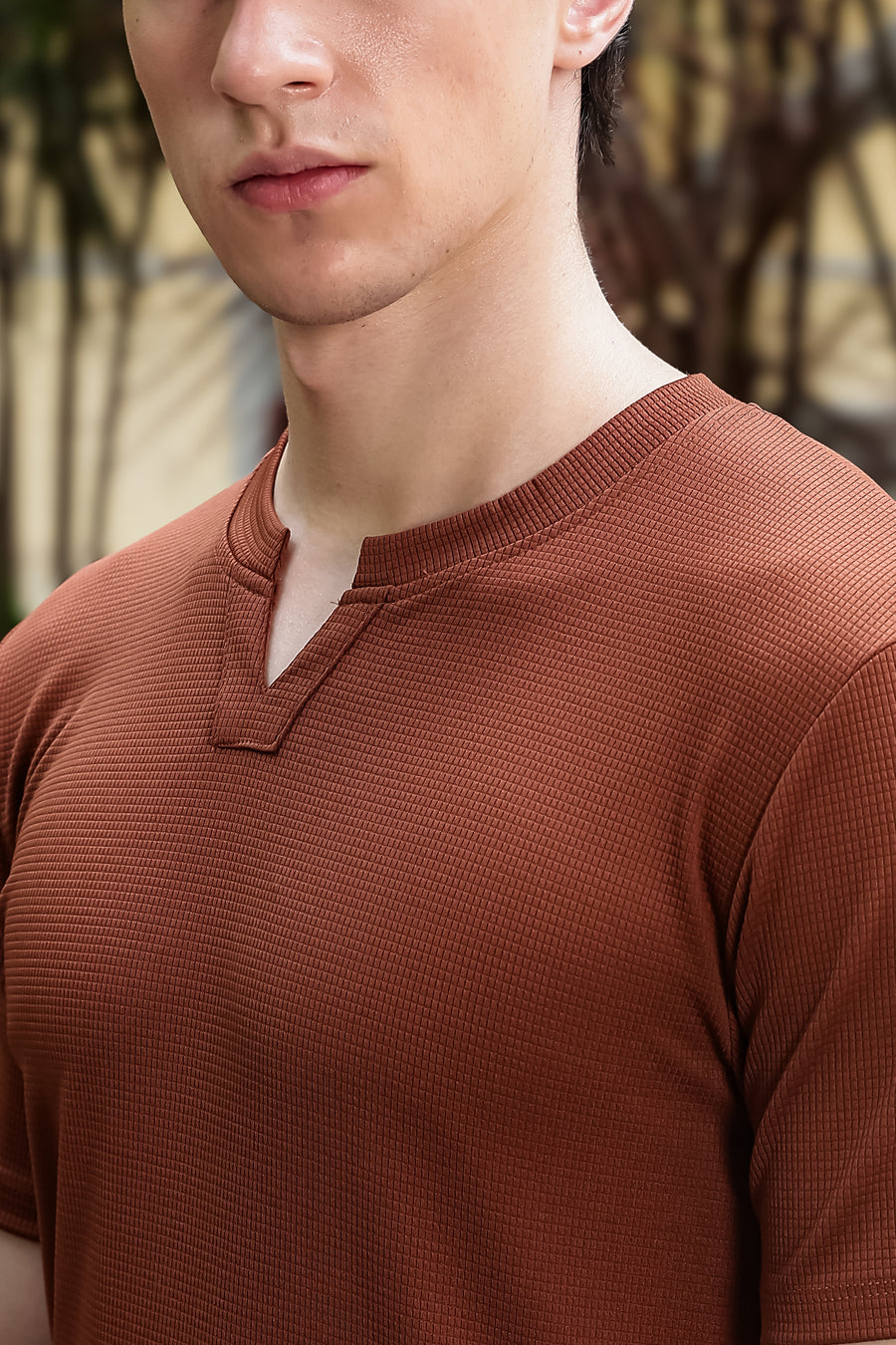 Men's Brown Waffle Knit V-Neck T-Shirt